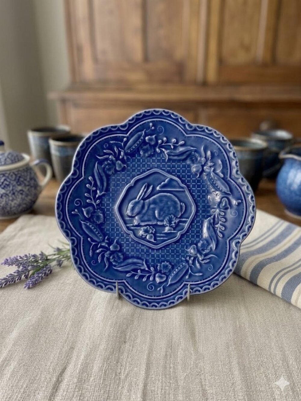 Vintage Andrea by Sadek Cobalt Blue Majolica Rabbit Plate - MINT